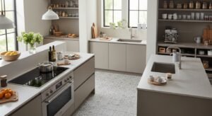 kitchen divided into cooking prep and storage zones