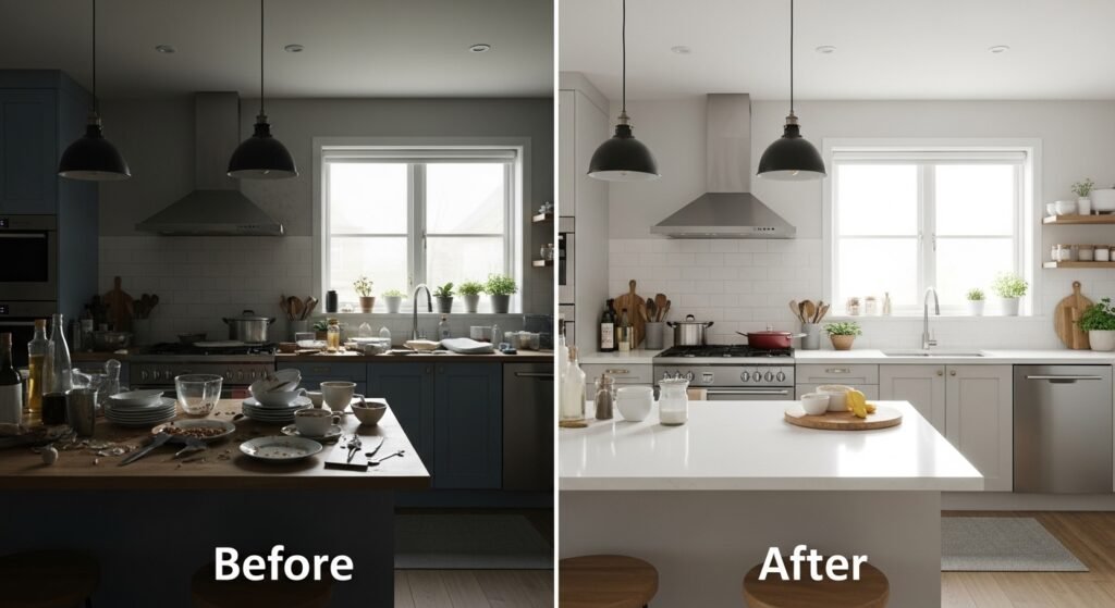 before and after kitchen showing messy and organized home system