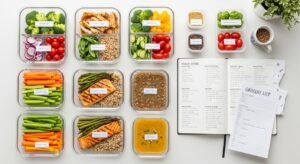 weekly meal prep containers and planning notebook